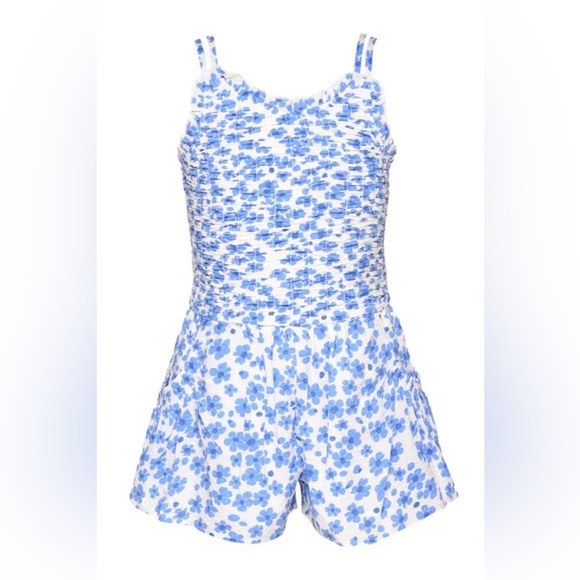Hannah Banana Other - NEW Hannah banana Girls Ruched Floral Romper Blue White Size 10 Adjustable Strap